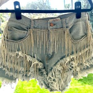Custom Rhinestone Denim Tassel Shorts